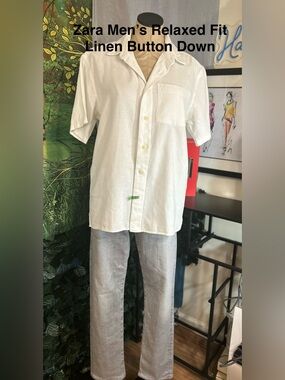 Zara White Short-Sleeve Mens Linen Relaxed Fit Button-Up Shirt